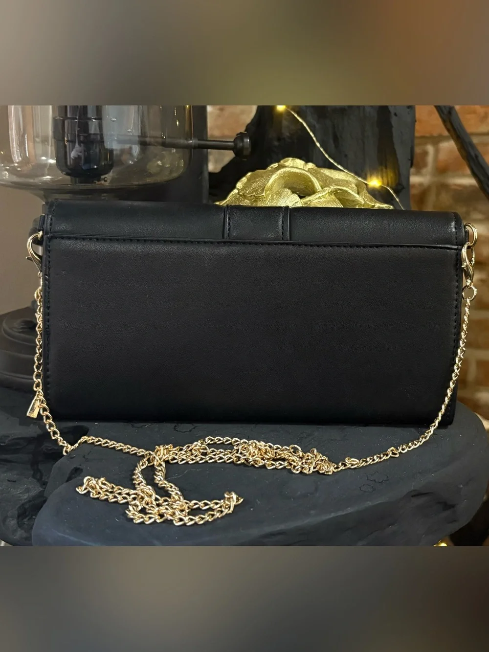 ALDO Black Faux Leather Envelope Clutch with Gold Chain
